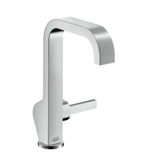 Ein AXOR Waschtischmischer in Chrom mit hohem Auslauf und seitlichem Hebel für die Wassermenge und -temperatur. Ideal für moderne Badezimmer.